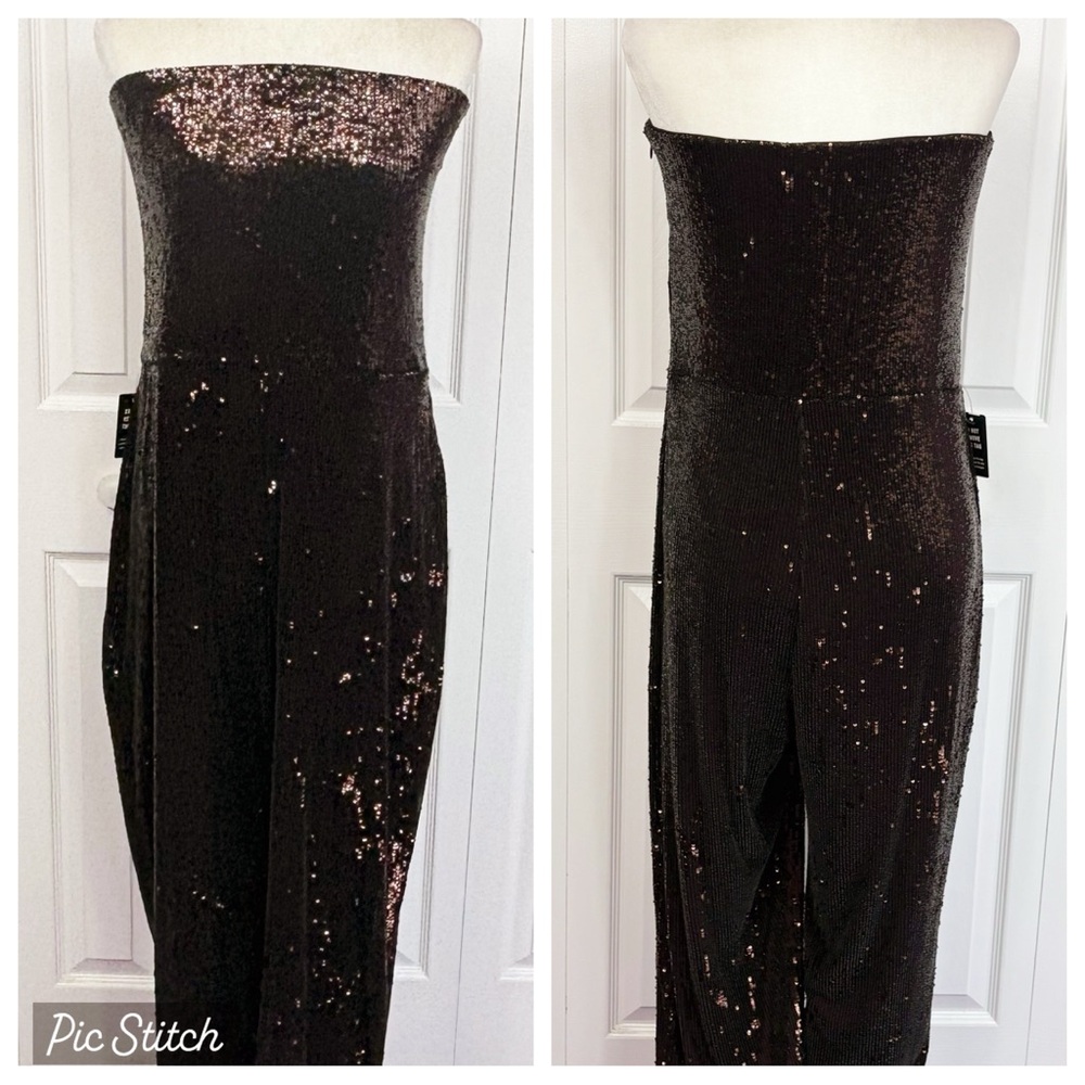 NWT Express Brown Metallic Sequin Beaded Strapless Straight Leg Jumpsuit XL
